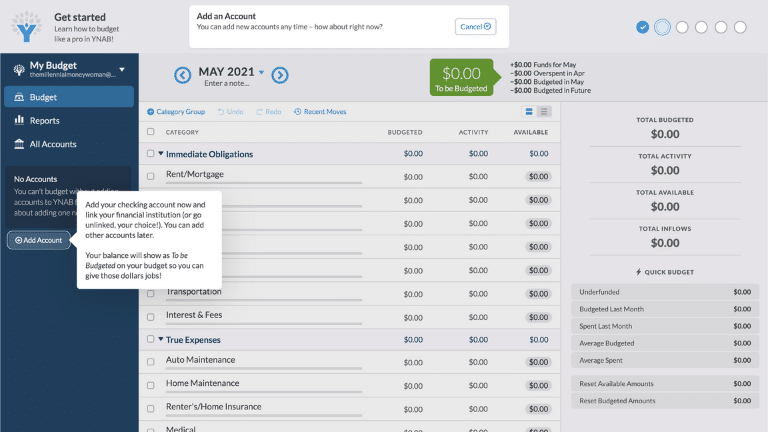 ynab - add an account step 1