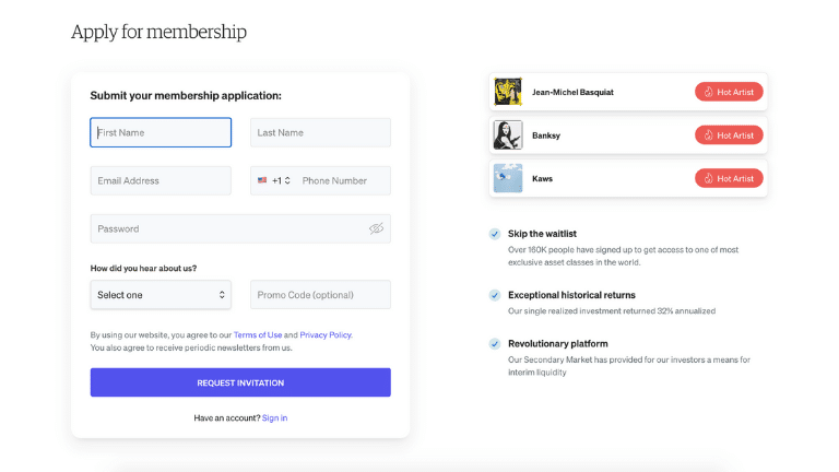 masterworks sign up process step 1