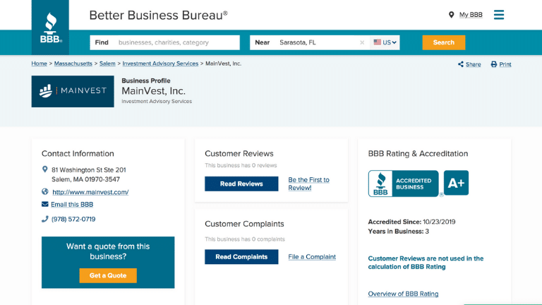 Mainvest BBB Report